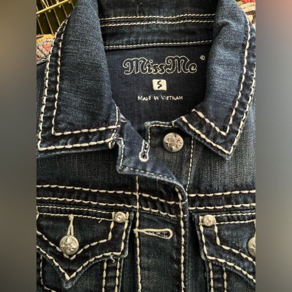 Miss Me Dark Blue Denim Jacket with White Stitching - Picture 4 of 6
